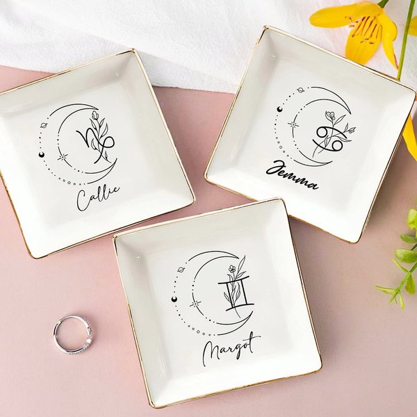 Personalised Ceramic Constellation Zodiac Flower Sign Square Trinket Jewellery Dish with Name Birthday Wedding Gift for Women
