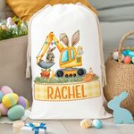 Personalizzato Cute Bunny Ears Excavator Design Drawstring Treat Bag con nome multicolore Festa di compleanno di Pasqua Regali per bambini