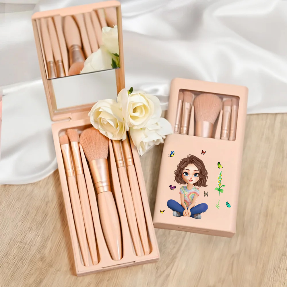 Coffret de 5 pinceaux de maquillage personnalisé en 3D avec un personnage de dessin animé, une fleur de naissance et un nom Cadeau d'anniversaire et de voyage pour les femmes