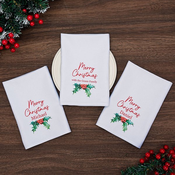 Serviette de table personnalisée Merry Christmas Holly 100% coton réutilisable avec nom Décoration de table Noël Cadeau de pendaison de crémaillère pour la famille