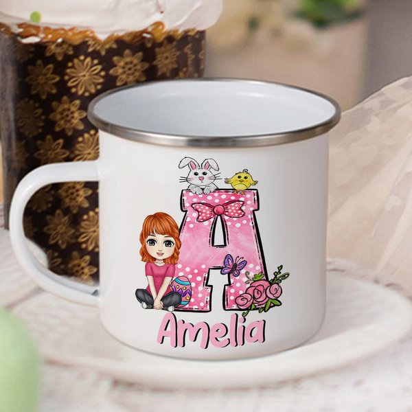 Personalizzato Cartoon personaggio coniglietto pulcino fiocco iniziale 12 oz tazza smaltata con nome festa di Pasqua regalo per i bambini