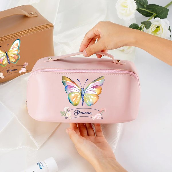 Personalized Watercolor Butterfly Floral Leather Wide Opening Makeup Bag with Name Portable Travel Accessories Birthday Bridesmaid Gift for Women