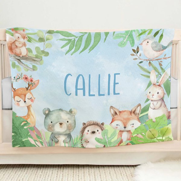 Personalisierte niedliche Bär Fuchs Kaninchen Waldtiere weiche Decke mit Namen Geburtstag Baby Dusche Zimmer Dekoration Geschenk für Kleinkind Kleinkind