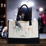 Personlig blomma Hårtork Hårstylistverktyg Canvas Tote Bag med namn Födelsedagspresent för frisör Hairstylist