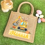 Personalized Cute Easter Bunny Excavator Jute Tote Bag with Name Easter Egg Hunts Party Favor Gift for Boys Girls