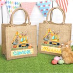 Personalized Cute Easter Bunny Excavator Jute Tote Bag with Name Easter Egg Hunts Party Favor Gift for Boys Girls
