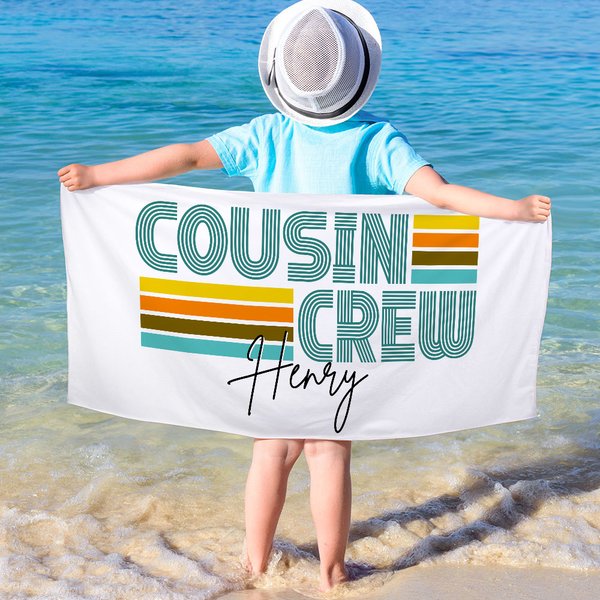 Serviette de plage personnalisée en microfibre avec nom Cousin Multicolore Retro Crew Quick Dry Summer Travel Essential Gift for Family Kids