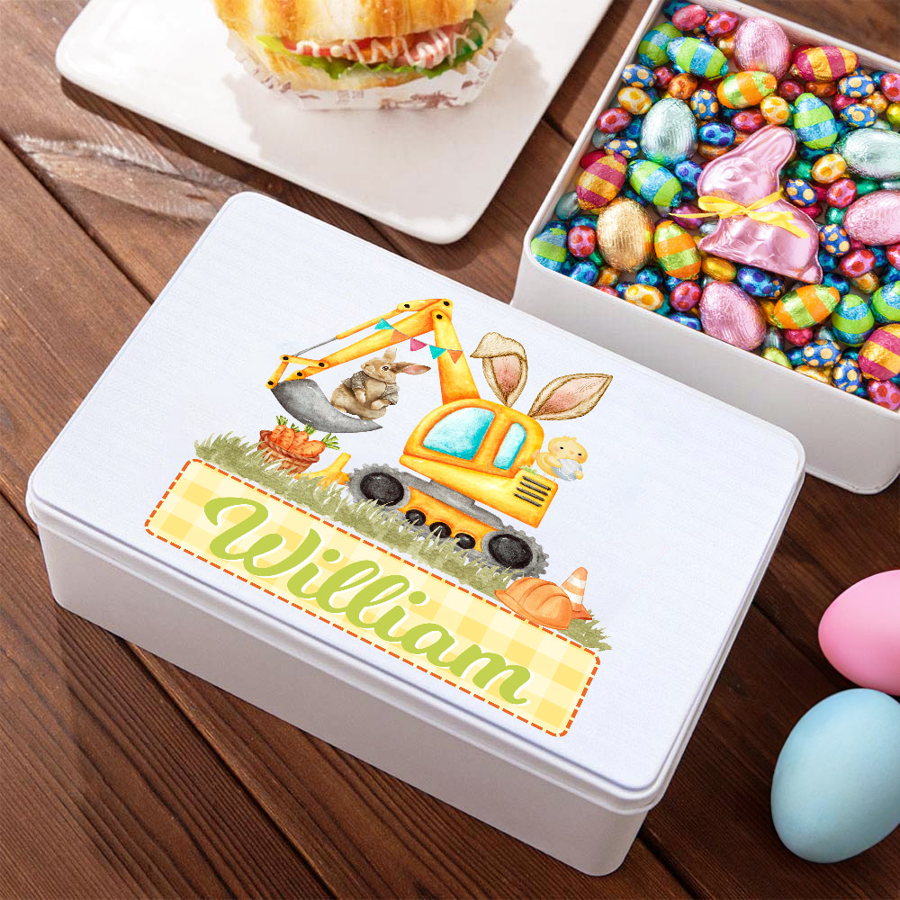 Personalizzato Bunny Easter Egg Excavator Food Grade Metal Biscuit Tin Storage Box con nome regalo di Pasqua per gli amici di famiglia