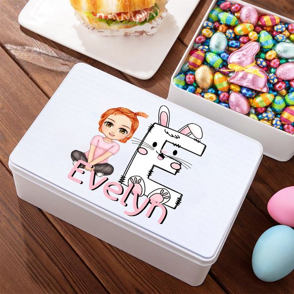 Personalised Cute Cartoon Character Bunny Chick Initial Food-grade Sweets Storage Tin with Name Birthday Easter Party Favors Gift for Kids