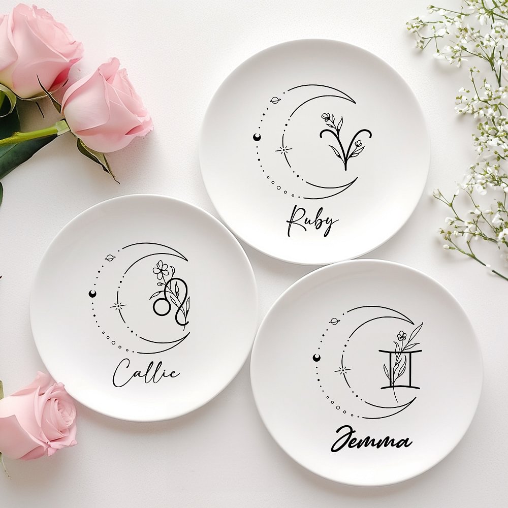 Constellation personnalisée Signes du zodiaque Fleur ronde en céramique Plat à bijoux avec nom Cadeau d'anniversaire et de mariage pour les femmes
