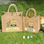 Personalized Cute Easter Bunny Excavator Jute Tote Bag with Name Easter Egg Hunts Party Favor Gift for Boys Girls