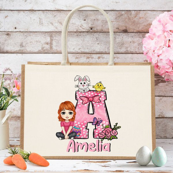 Personalizzato Cartoon Character Cute Rabbit Chick Bow Dot Initial Tote Bag con nome Easter Egg Hunting Party Gift for Boys Girls