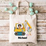 Personalisiertes wiederverwendbares Tote Bag Canvas-Tasche Cartoon Ostereier Bagger mit Namen Ostern Geschenk für Jungen Mädchen
