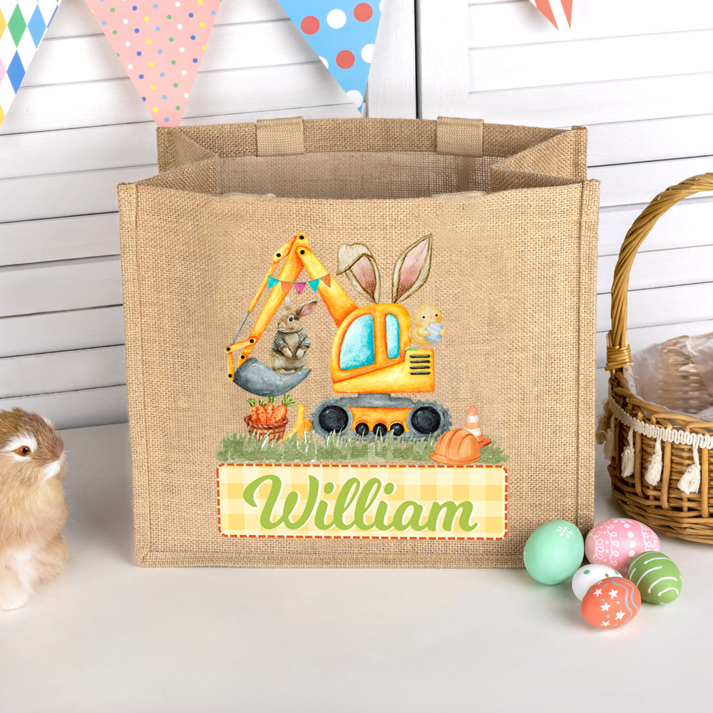Sac en toile de jute personnalisé avec le nom du lapin de Pâques Excavatrice Chasse aux oeufs de Pâques Cadeau de fête pour les garçons et les filles