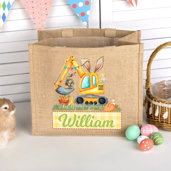 Personalizzato Cute Easter Bunny Excavator Jute Tote Bag con nome Easter Egg Hunts Party Favor Gift for Boys Girls