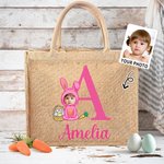 Personalized Face Photo Cartoon Bunny Costume Jute Tote Bag with Initial and Name Easter Egg Hunt Supplies Birthday Party Favors Gift for Kids