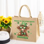 Personalisierte Lucky Shamrock St. Patrick's Day Hochland Kuh große Jute Tragetasche mit Namen und Text Irish Festival religiöses Geschenk für Familie Freunde