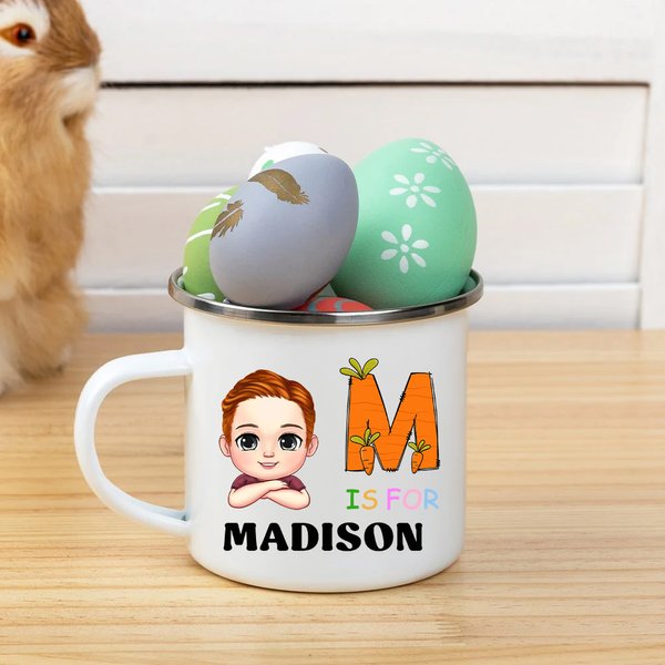 Personalizzato carino personaggio dei cartoni animati Pasqua iniziale 12 oz tazza smaltata con nome uso quotidiano festa di Pasqua favore regalo per ragazzi ragazze