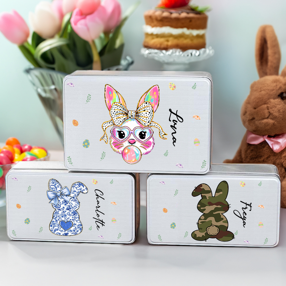Personalizzato Cute Bunny Scatola di biscotti in metallo per alimenti con nome Regalo di Pasqua per ragazzi e ragazze