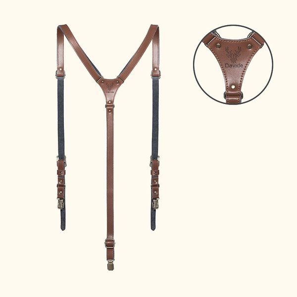 Bretelle personalizzate da uomo con design a Y sul retro in pelle bovina a due strati con nome inciso regalo per festa del papà accessorio per sposi