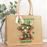 Personalisierte Lucky Shamrock St. Patrick's Day Hochland Kuh große Jute Tragetasche mit Namen und Text Irish Festival religiöses Geschenk für Familie Freunde