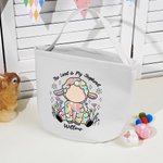 Gepersonaliseerde Lord Is My Shepherd Cartoon Bloemen Regenboog Schapen Herbruikbare Canvas Paasmand met Gezichtsfoto en Naam Verjaardagscadeau voor Kinderen