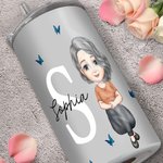 Personalised Multicolour Butterfly Cartoon Character Initial 12oz Insulated Name Sippy Cup with Lid and Handle Birthday Caring Gift for Elderly