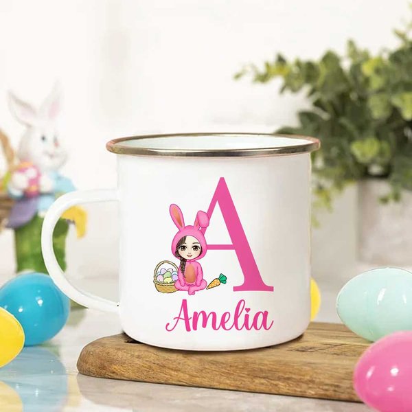 Personalized Cartoon Bunny Costume Kid 11oz Enamel Mug with Name Easter Gift for Girls Boys