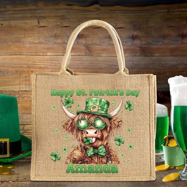 Personalized Lucky Shamrock St. Patrick's Day Highland Cow Large Jute Tote Bag with Name and Text Irish Festival Religious Gift for Family Friends