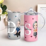 Personalised Multicolour Butterfly Cartoon Character Initial 12oz Insulated Name Sippy Cup with Lid and Handle Birthday Caring Gift for Elderly