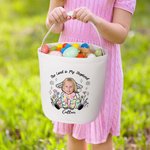 Gepersonaliseerde Lord Is My Shepherd Cartoon Bloemen Regenboog Schapen Herbruikbare Canvas Paasmand met Gezichtsfoto en Naam Verjaardagscadeau voor Kinderen