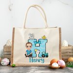 Personalisierte Cartoon-Charakter Initiale Jute Tragetasche mit Namen Kaninchen Küken Schleife Ostereiersuche Party Geschenk für Jungen Mädchen