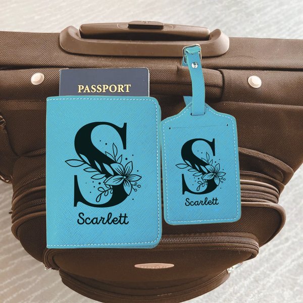Personalised Floral Initial PU Leather Passport Holder and Luggage Tag Set with Name Travel Accessory Gift for Friends Kids