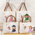 Personalisierte Cartoon Graduate Horoskop Geburt Blume Name wiederverwendbare große Tragetasche mit Ledergriff Graduierung Geburtstag Geschenk für Frauen