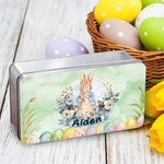 Personalized Colorful Floral Easter Eggs Peter Rabbit Food-grade Biscuit Tin with Name Easter Party Storage Accessories Gift for Boys Girls