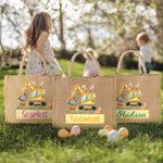 Personalized Cute Easter Bunny Excavator Jute Tote Bag with Name Easter Egg Hunts Party Favor Gift for Boys Girls
