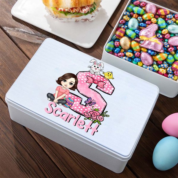 Personalized Cartoon Character Bunny Chick Initial Food-grade Biscuit Storage Tin with Name Easter Party Birthday Gift for Kids