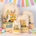 Personalizzato Cute Bunny Ears Excavator Design Drawstring Treat Bag con nome multicolore Festa di compleanno di Pasqua Regali per bambini