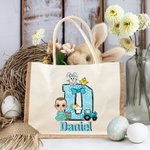 Personalisierte Cartoon-Charakter Initiale Jute Tragetasche mit Namen Kaninchen Küken Schleife Ostereiersuche Party Geschenk für Jungen Mädchen