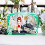 Neceser transparente impermeable personalizado con dibujo de chica y flor de nacimiento con nombre esencial para viaje o cumpleaños para ella