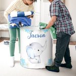 Personalized Floral Elephant Waterproof Oxford Cloth Portable Toy Storage Laundry Basket with Name Birthday Gift for Children