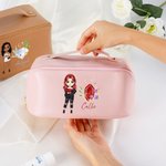 Personalized Fashion Cartoon Girl Wide Open Leather Makeup Bag with Floral Birthstone and Name Travel Essentials Birthday Gift for Women Girls