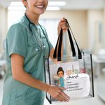 Personalizada Enfermera Doctor Personaje de dibujos animados a prueba de agua Bolsa de asas transparente con nombre Apreciación Regalo para el personal médico