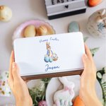 Personalized Pink Blue Peter Rabbit Pattern Food Grade Metal Biscuit Tin Box with Name and Text Easter Birthday Gift for Family Kids