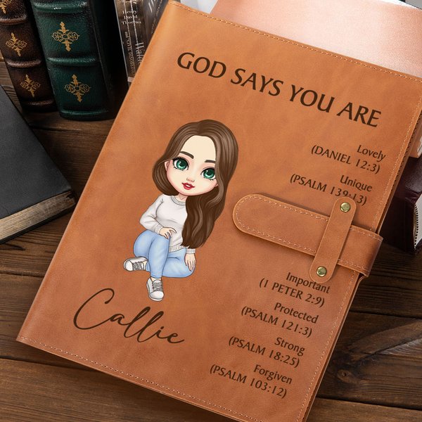 Personalised God Says You Are Cartoon Character A5 Leather Notebook Cover with 50 Pages Paper and Name Birthday Baptism Gift for Christian