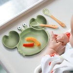 Juego de alimentación personalizado de silicona con plato dividido en forma de cangrejo y utensilios para destete dirigido por el bebé ideal para niño