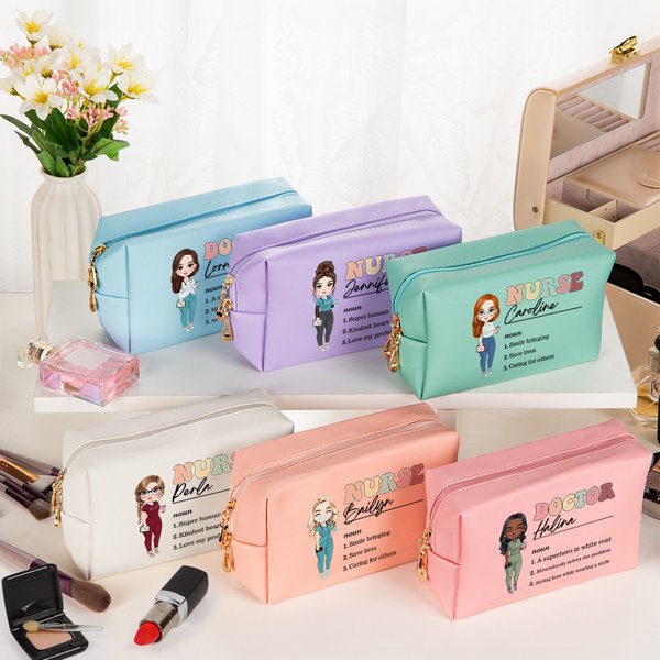 Personalizzato portatile infermiere medico personaggio dei cartoni animati grande borsa per il trucco con nome Regalo di apprezzamento per il personale medico