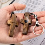Personalized Wooden Cross Heart Keychain with Engraved Initial and Name Easter Baptism Gift for Christians
