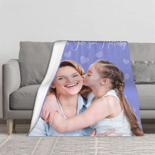 Personalisierte Weiche Herz Muster Kuscheldecke mit Foto und Text Muttertag Geburtstag Geschenk für Mama Familie