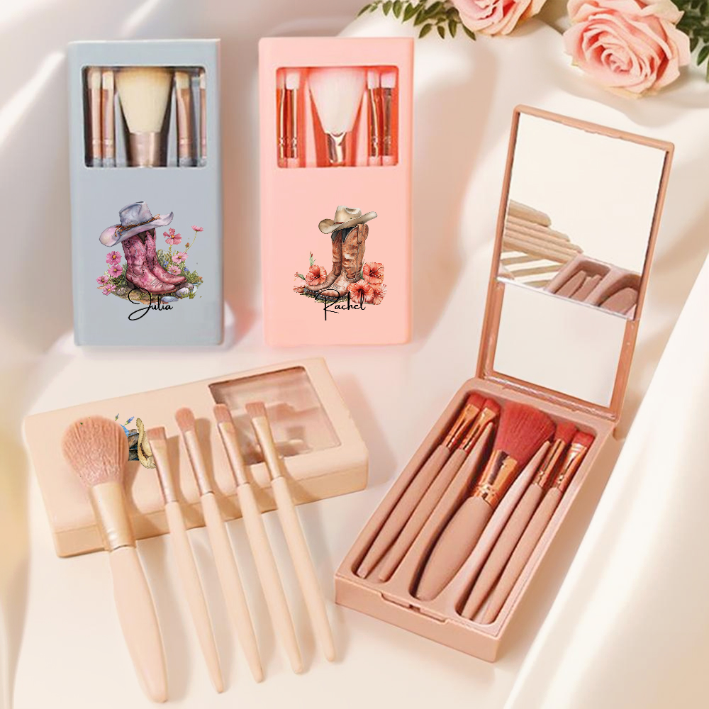 Pinceaux de maquillage 5Pcs avec miroir Cadeau d'anniversaire et de mariage pour femmes